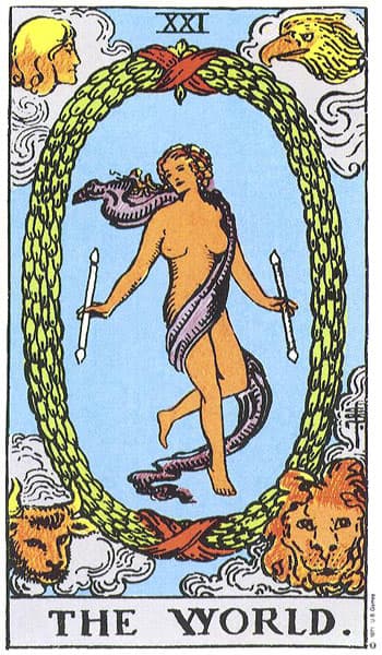XXI · O Mundo — Rider–Waite–Smith, Pamela Colman Smith